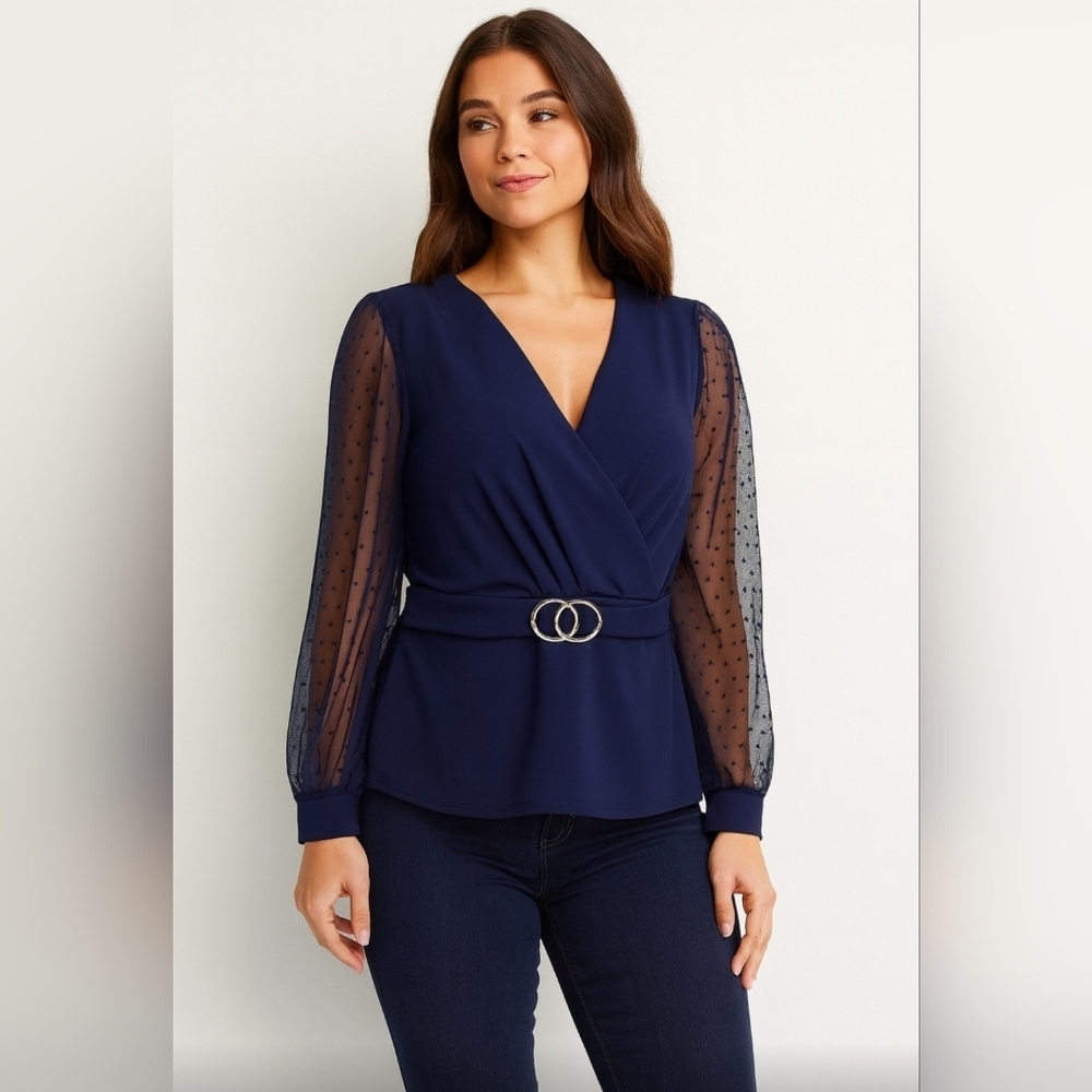 Venus Size M Elegant Navy Wrap Top with Sheer Sleeves